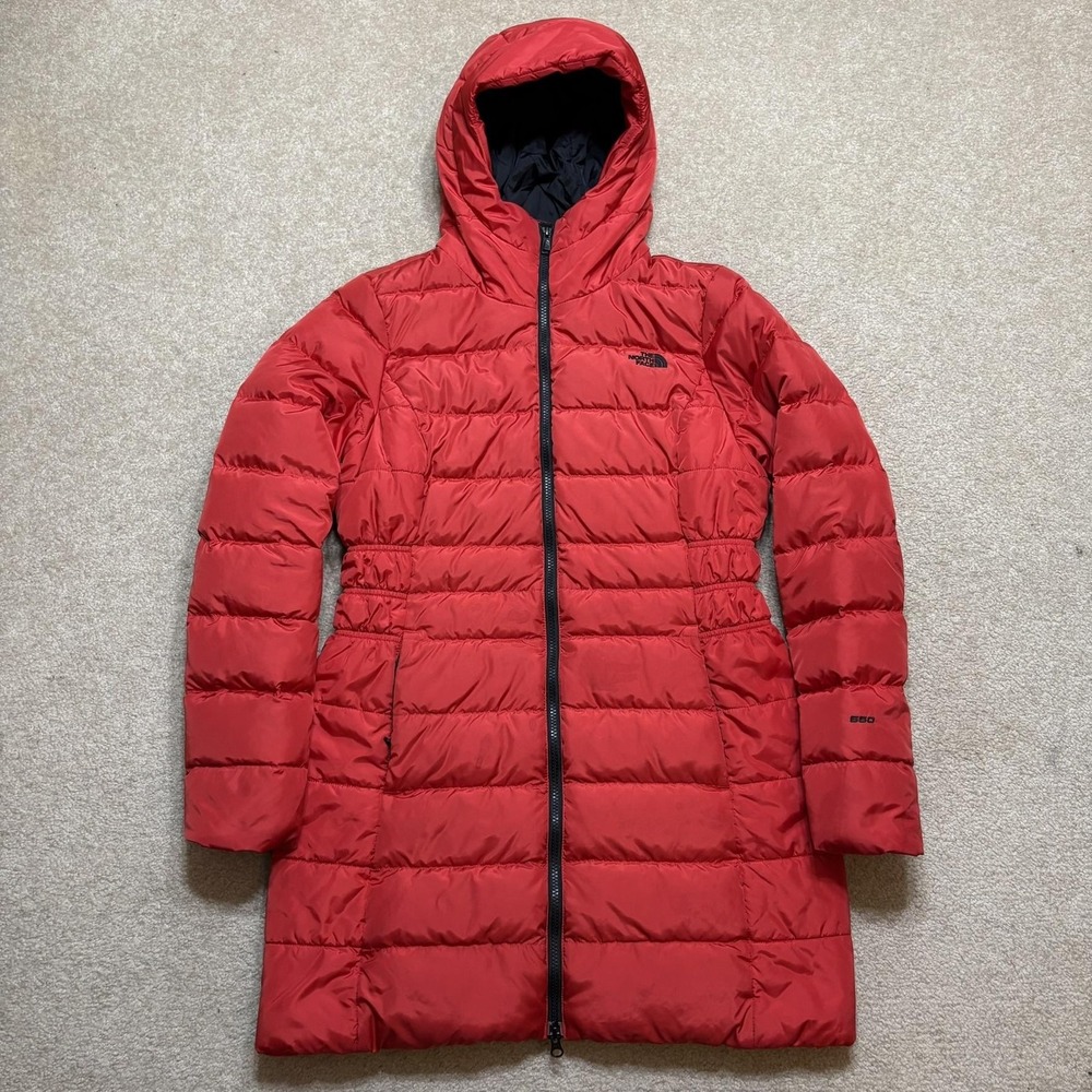 The North Face 550 Down Coat Womens Medium Red Quilted Hood Parka Jacket Winter